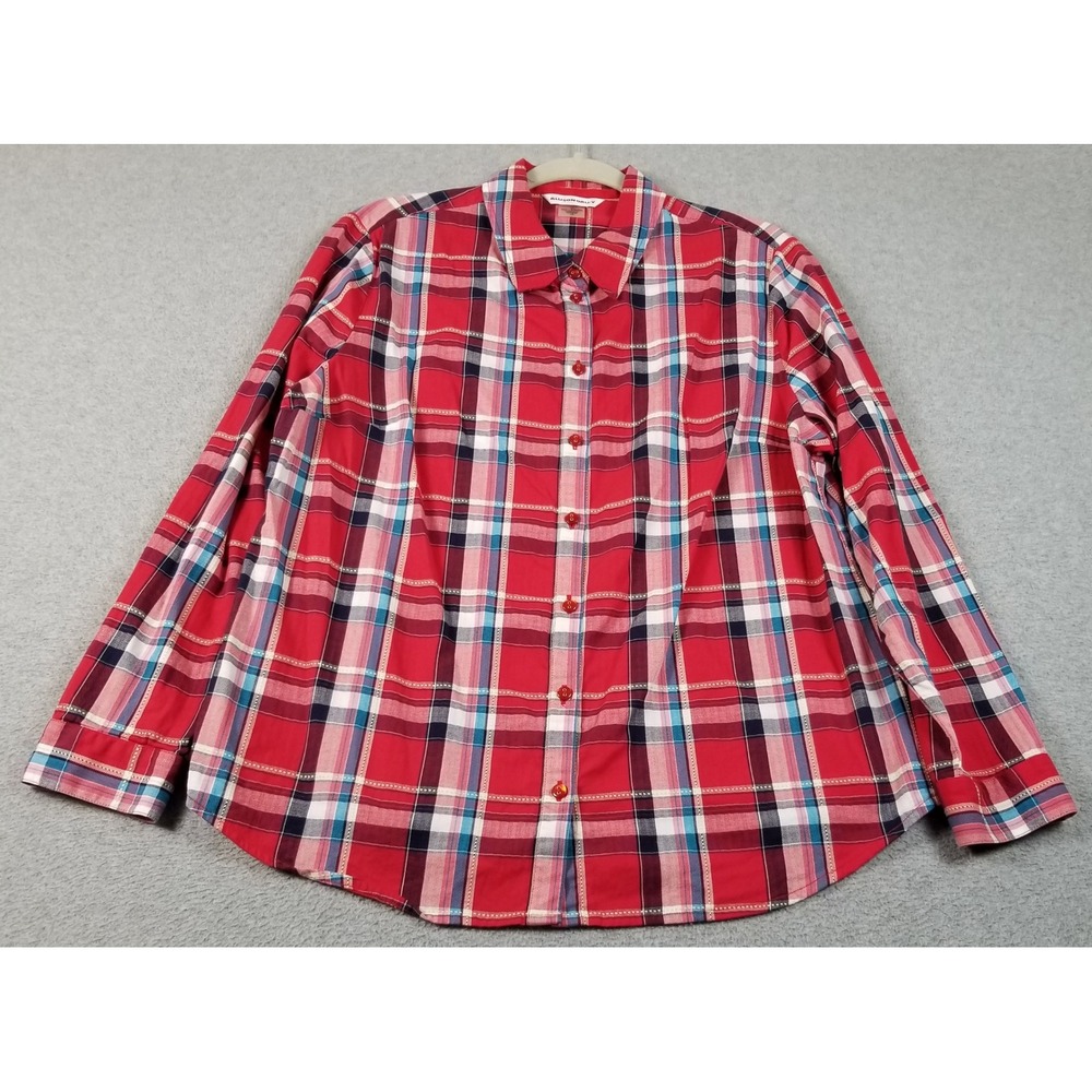 Allison Daley Button Up Shirt Women's 16 Red Blue Plaid Roll Tab Sleeve Textured